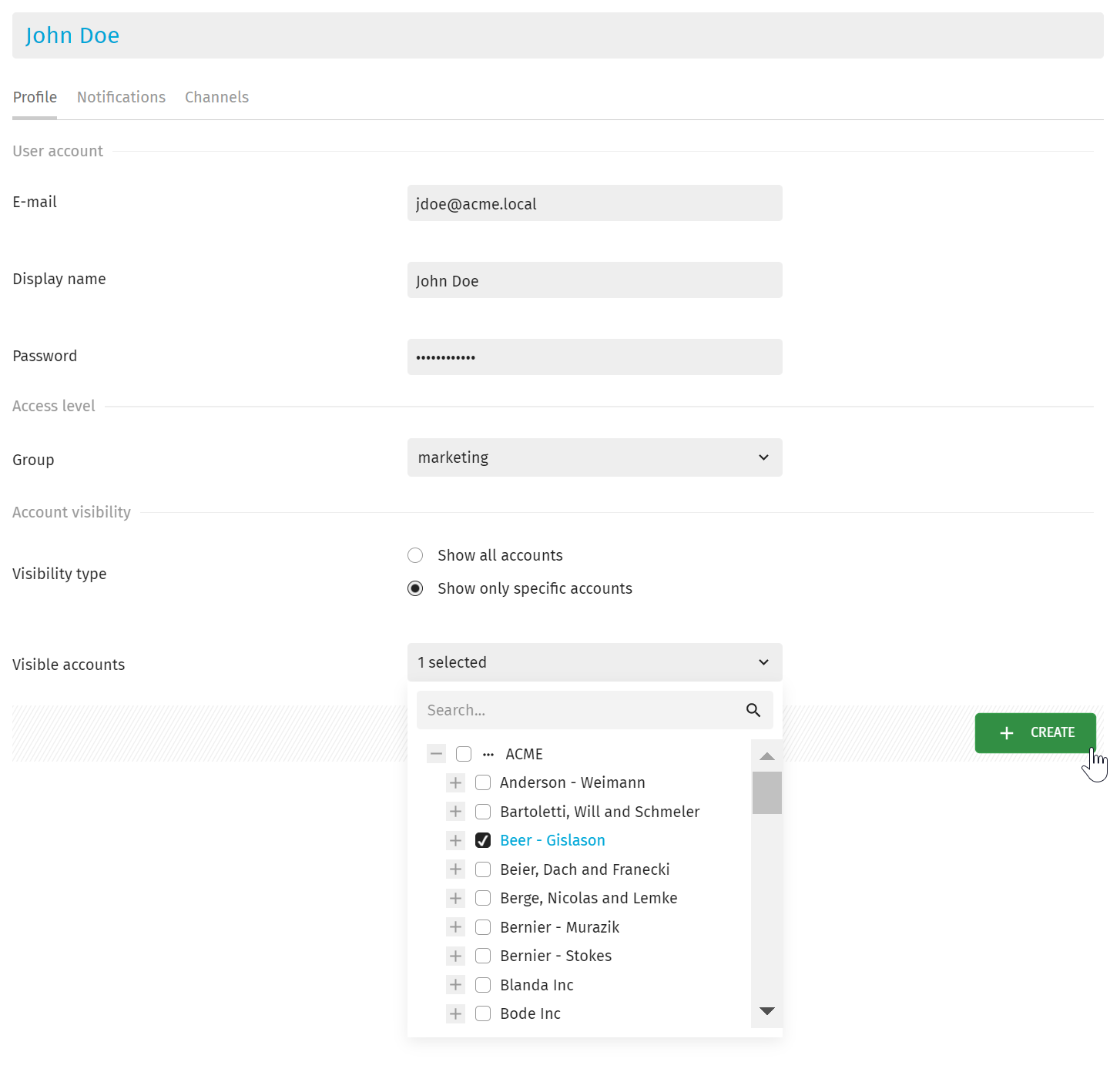 User creation menu